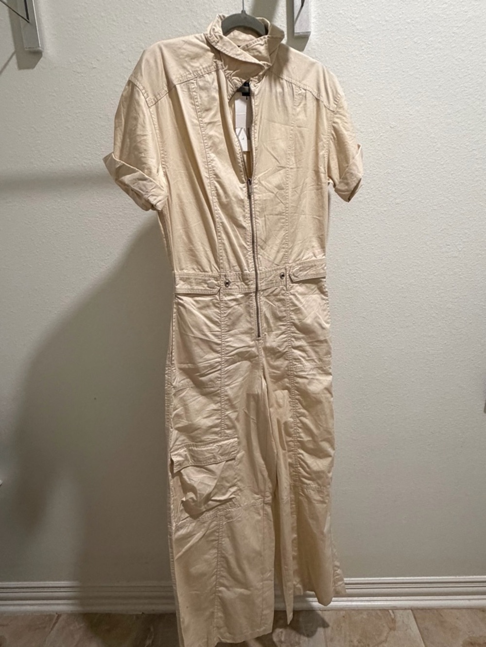 Zara Cream Short-Sleeve Zip-Front Jumpsuit